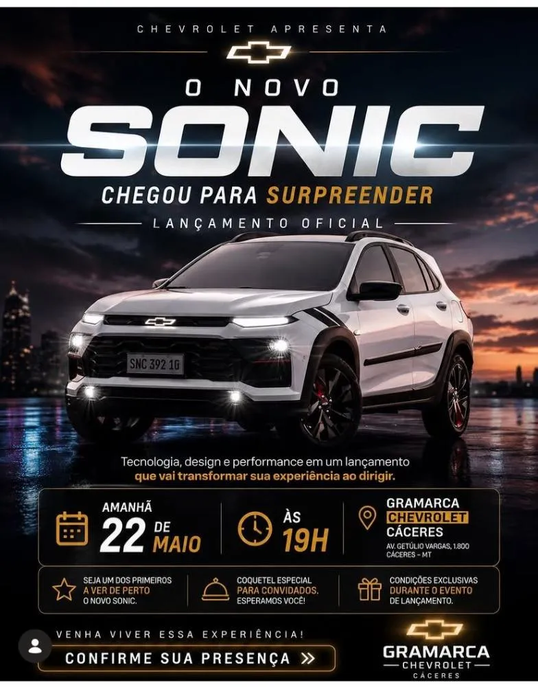 Gramarca Chevrolet convida Cáceres para conhecer o novo 'Sonic' nesta sexta-feira (22)
